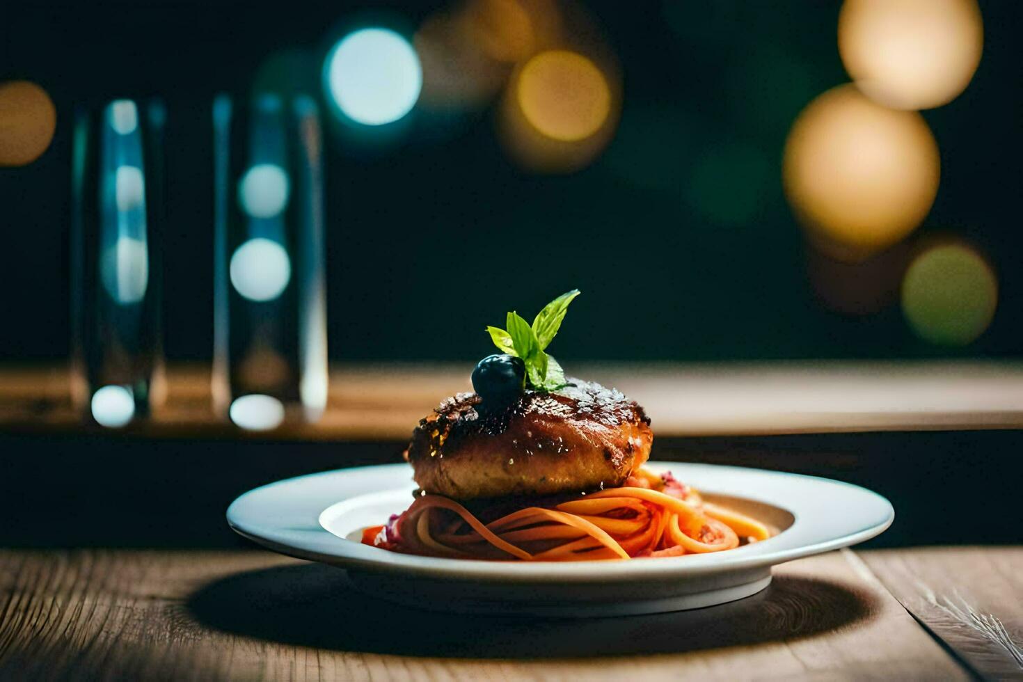 a plate of spaghetti with meatballs on a wooden table. AI-Generated photo