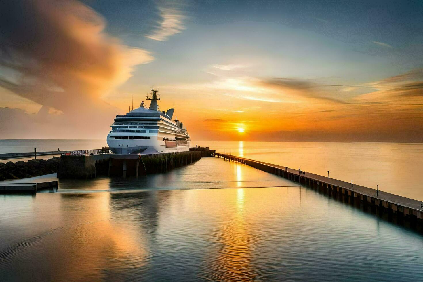a cruise ship docked at the pier at sunset. AI-Generated photo