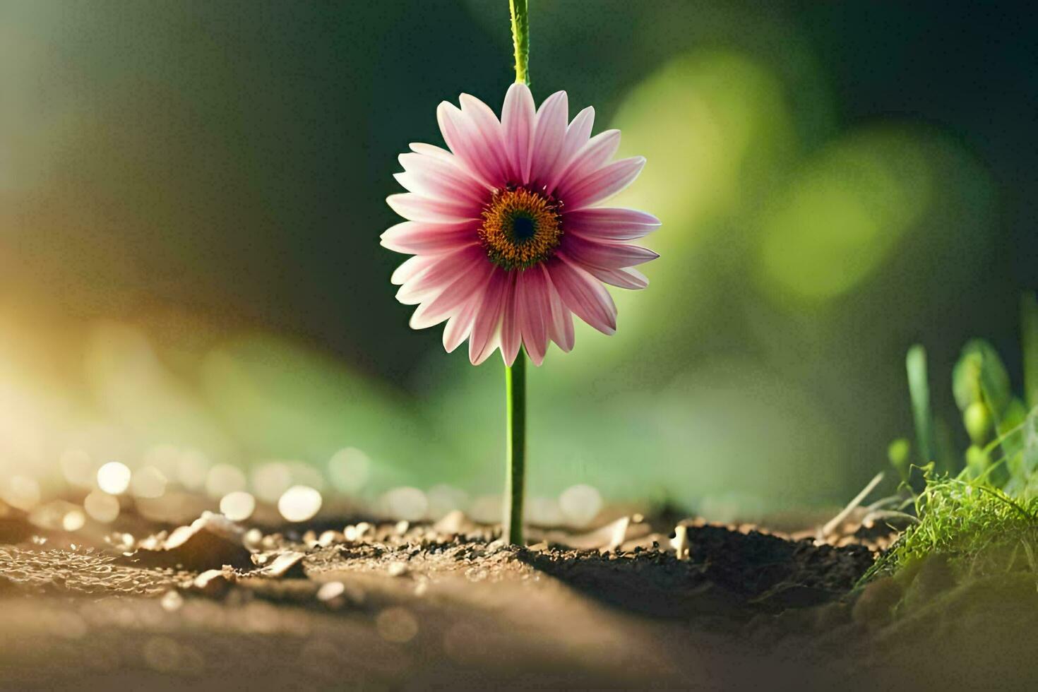 un soltero rosado flor es en pie en el suciedad. generado por ai foto