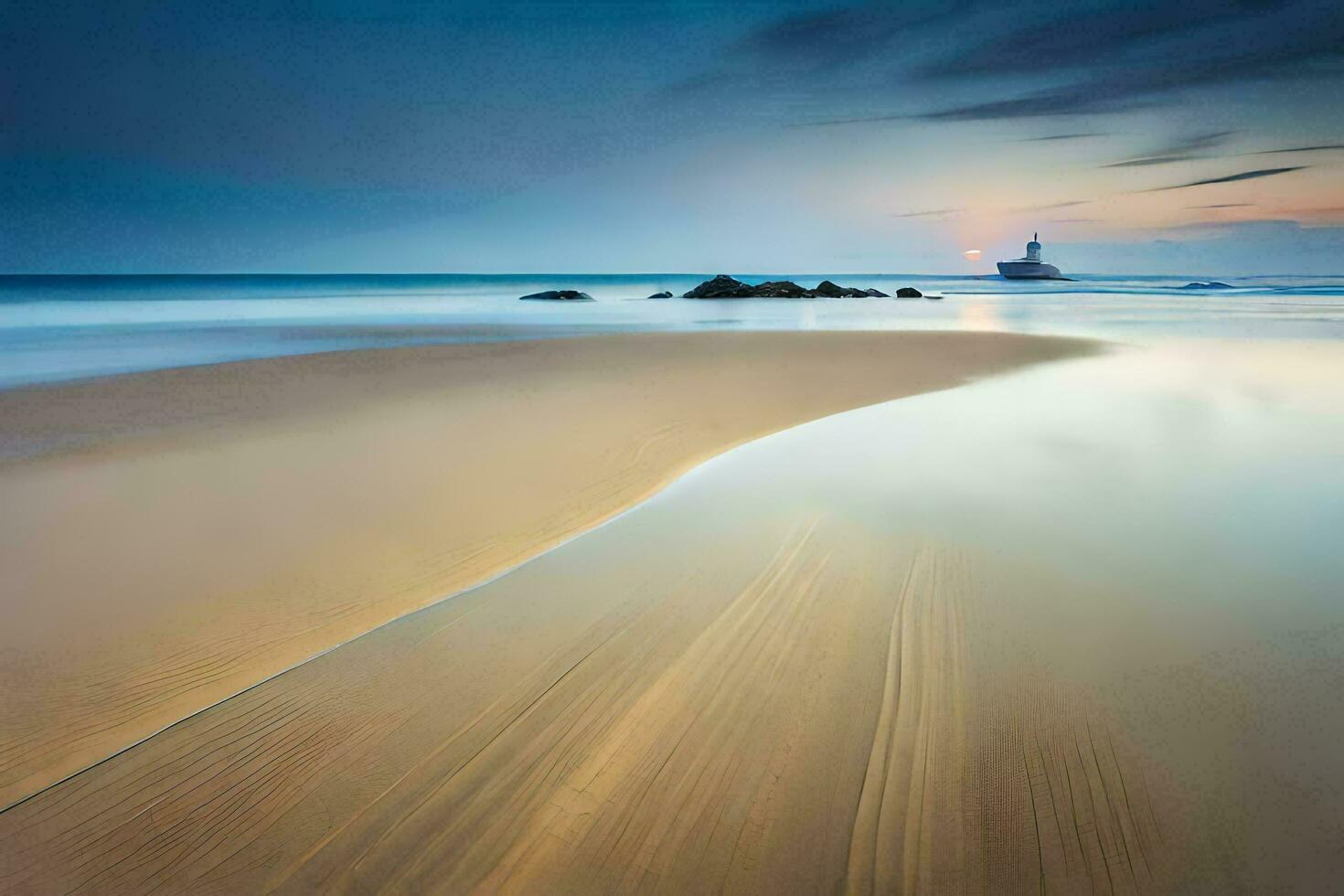 un largo exposición fotografía de un playa a puesta de sol. generado por ai foto