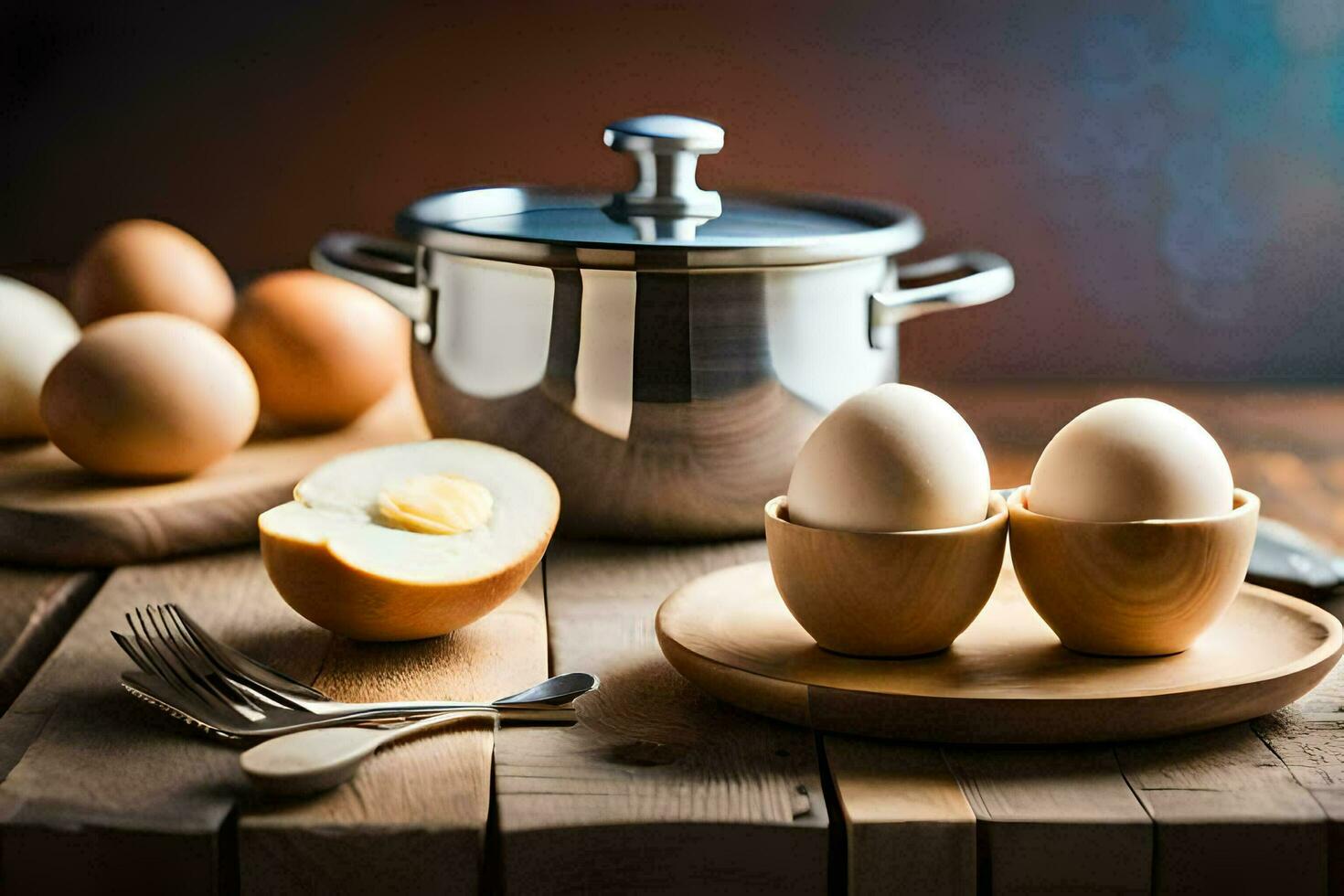 eggs on a wooden table with a pot and spoon. AI-Generated photo