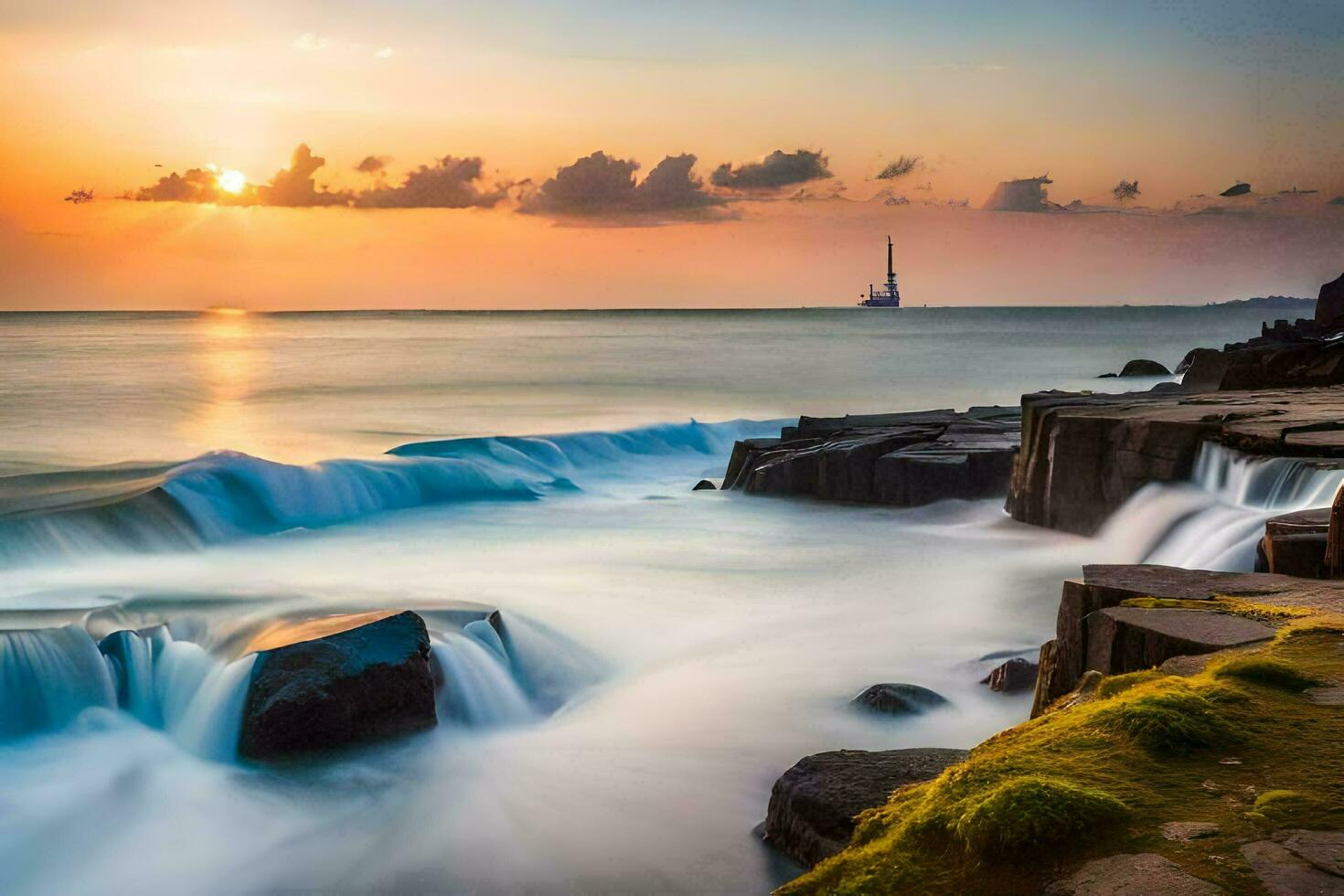 the sun sets over the ocean and waves crashing into rocks. AI-Generated photo