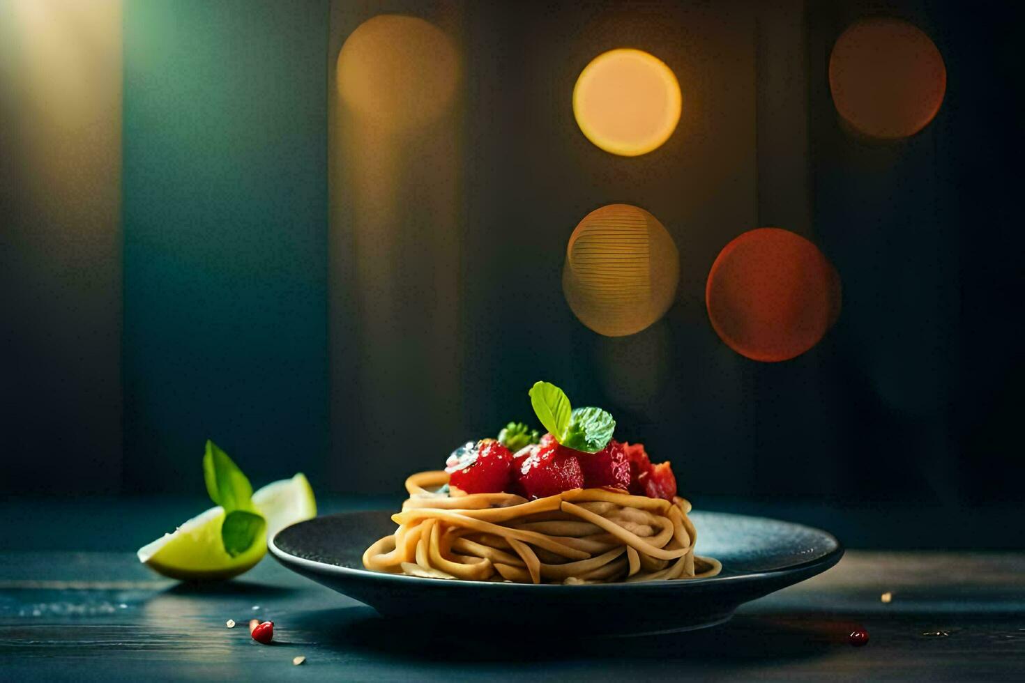 spaghetti with tomato and basil on a black plate. AI-Generated photo