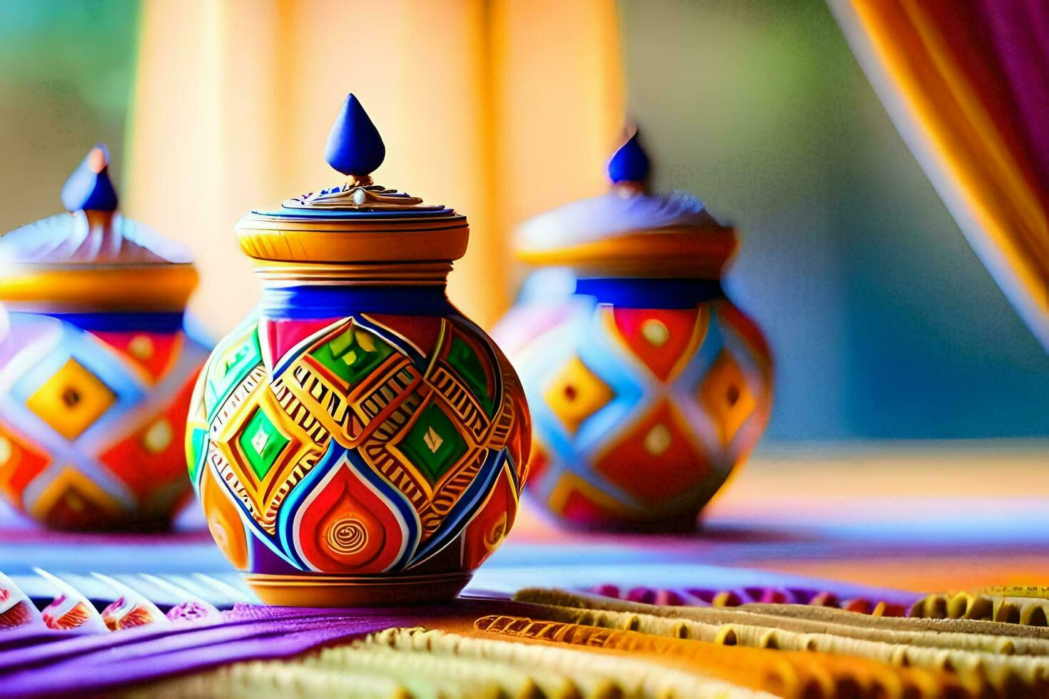 colorful vases on a table with colorful cloth. AI-Generated photo