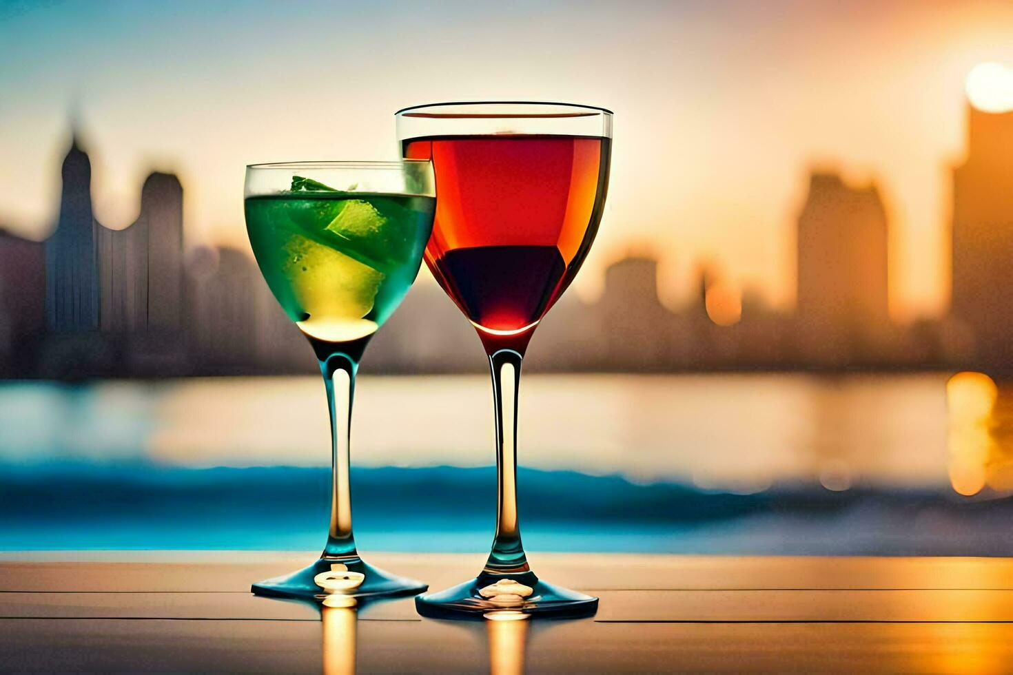 two glasses of wine and a cocktail on a table in front of a city skyline. AI-Generated photo