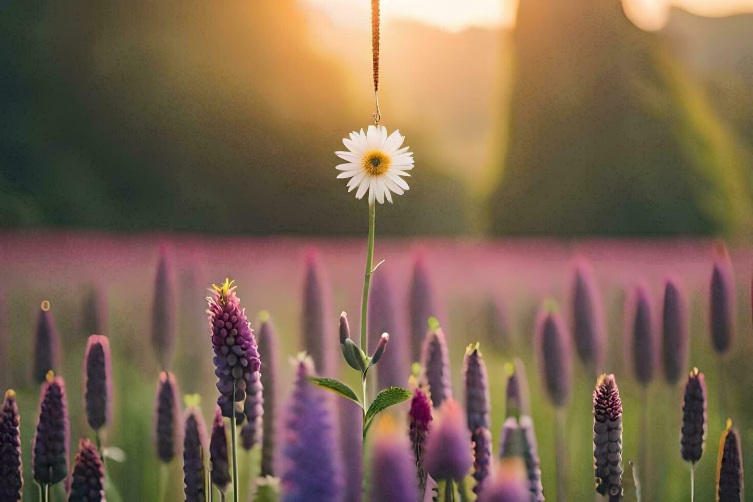 un soltero flor soportes fuera en un campo de púrpura flores generado por ai foto