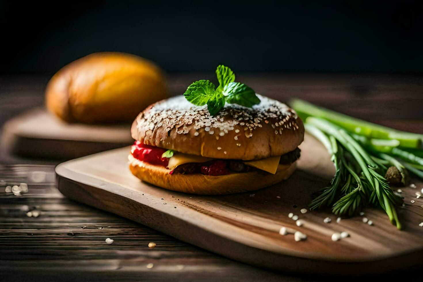 a hamburger with cheese and herbs on a wooden cutting board. AI-Generated photo