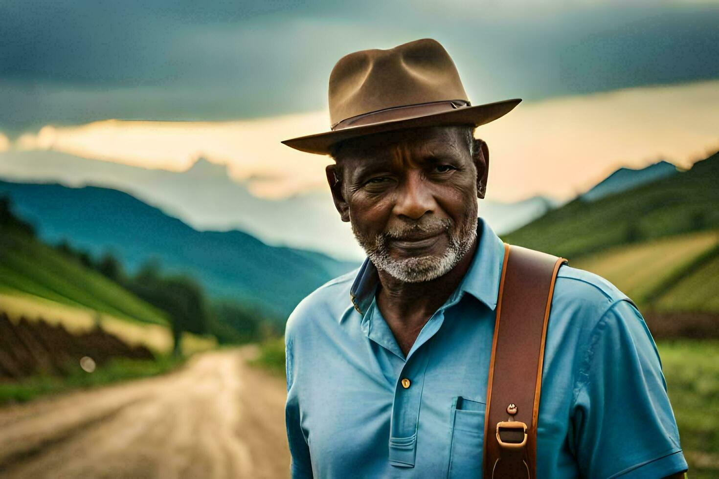 an older man with a hat and guitar on a dirt road. AI-Generated photo