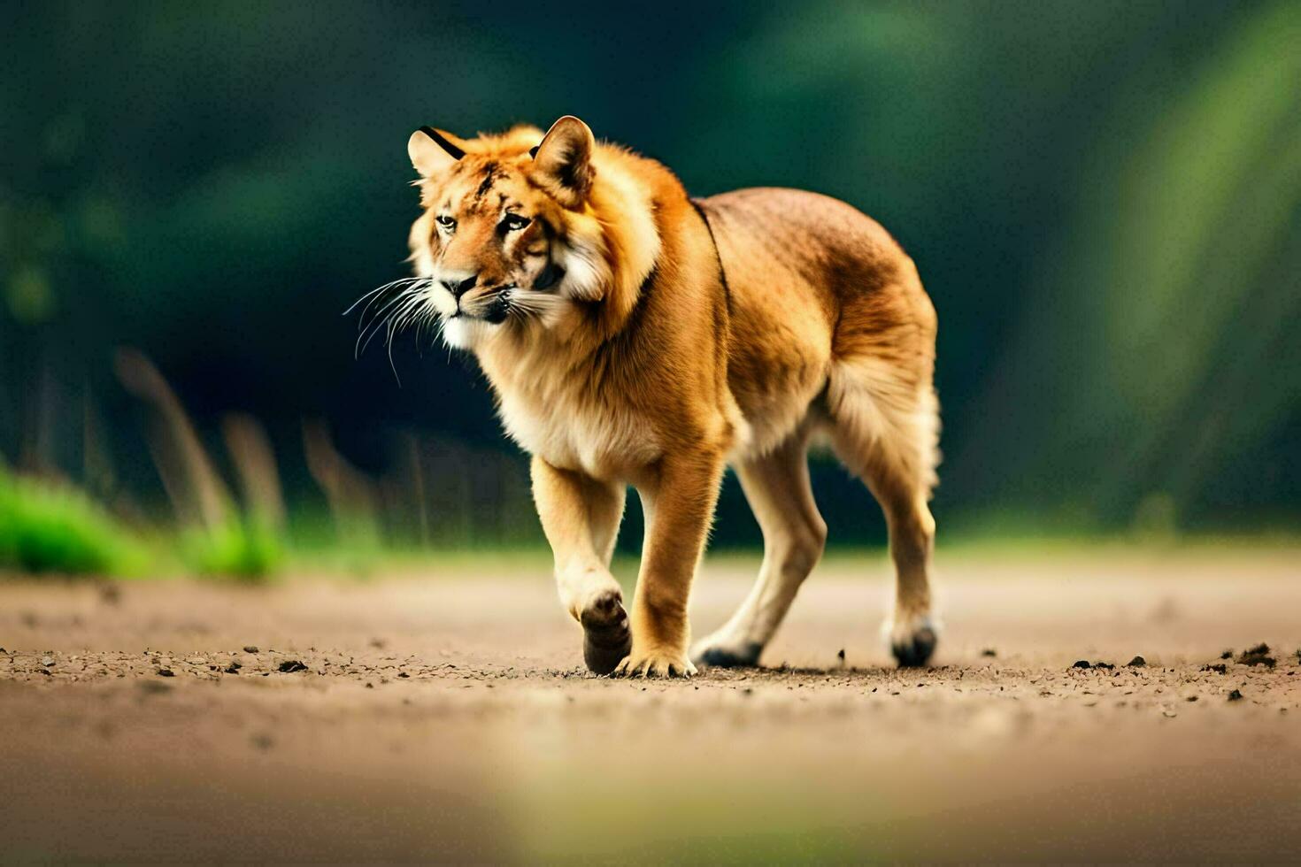 a large tiger walking across a dirt road. AI-Generated photo