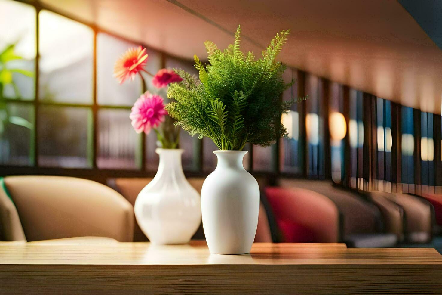 two vases with flowers on a table. AI-Generated photo