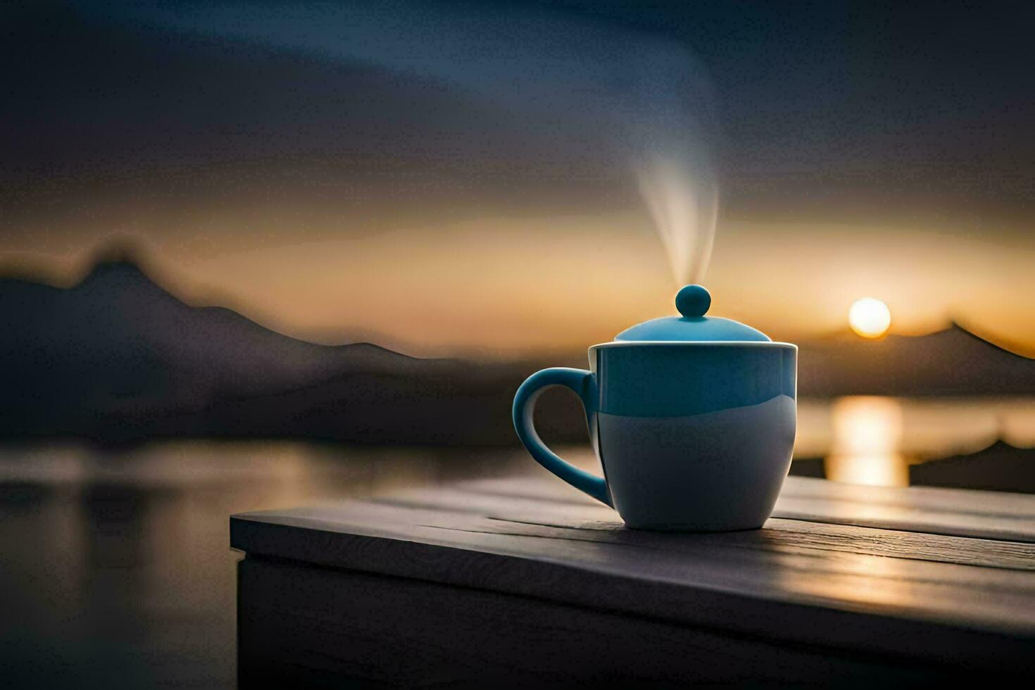 a coffee cup on a wooden table with a sunset in the background. AI-Generated photo