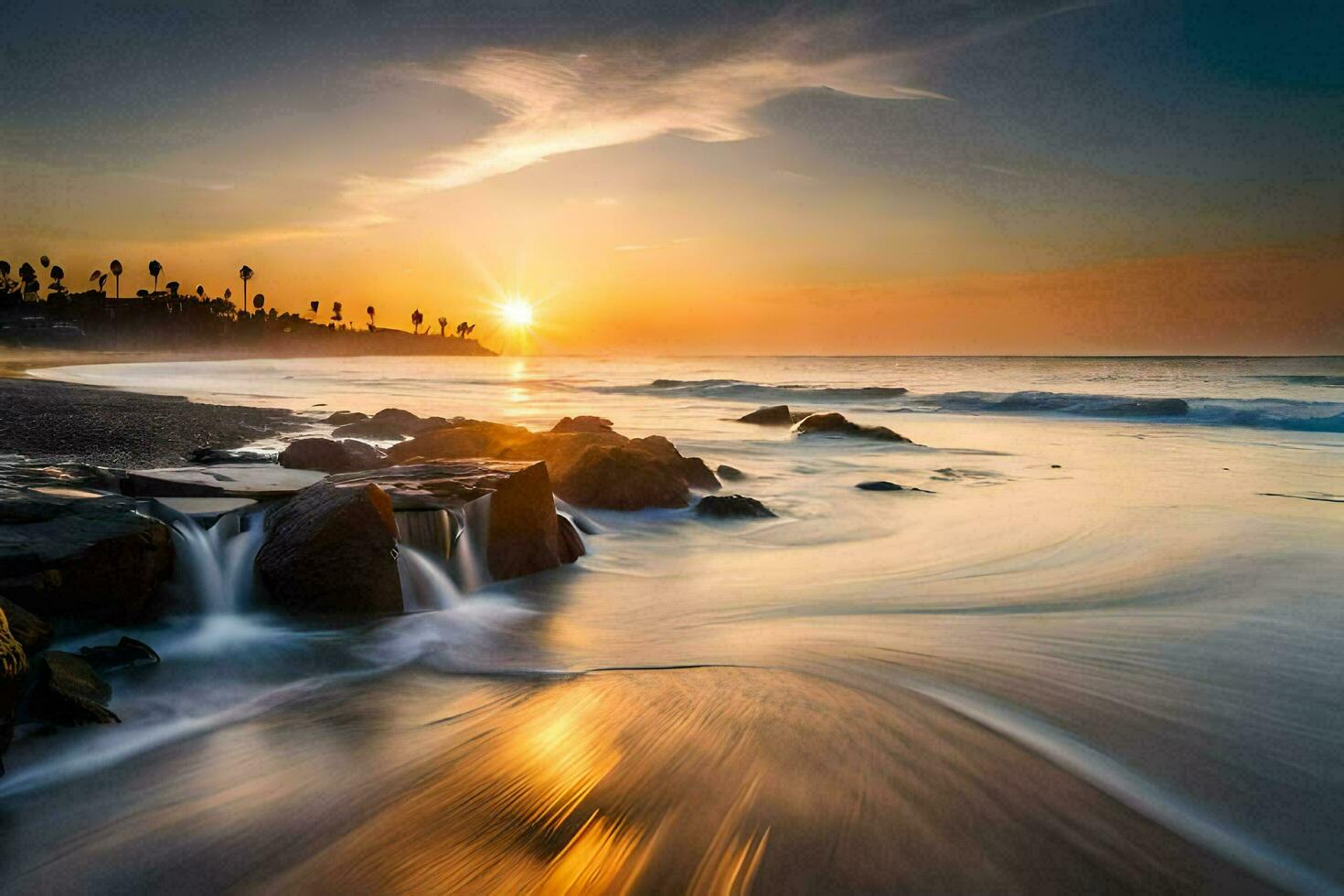 the sun sets over the ocean and rocks. AI-Generated photo