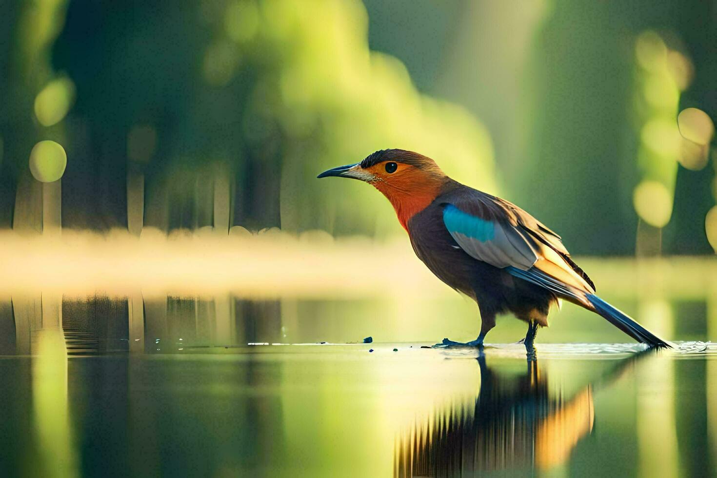 a colorful bird standing on the water with trees in the background