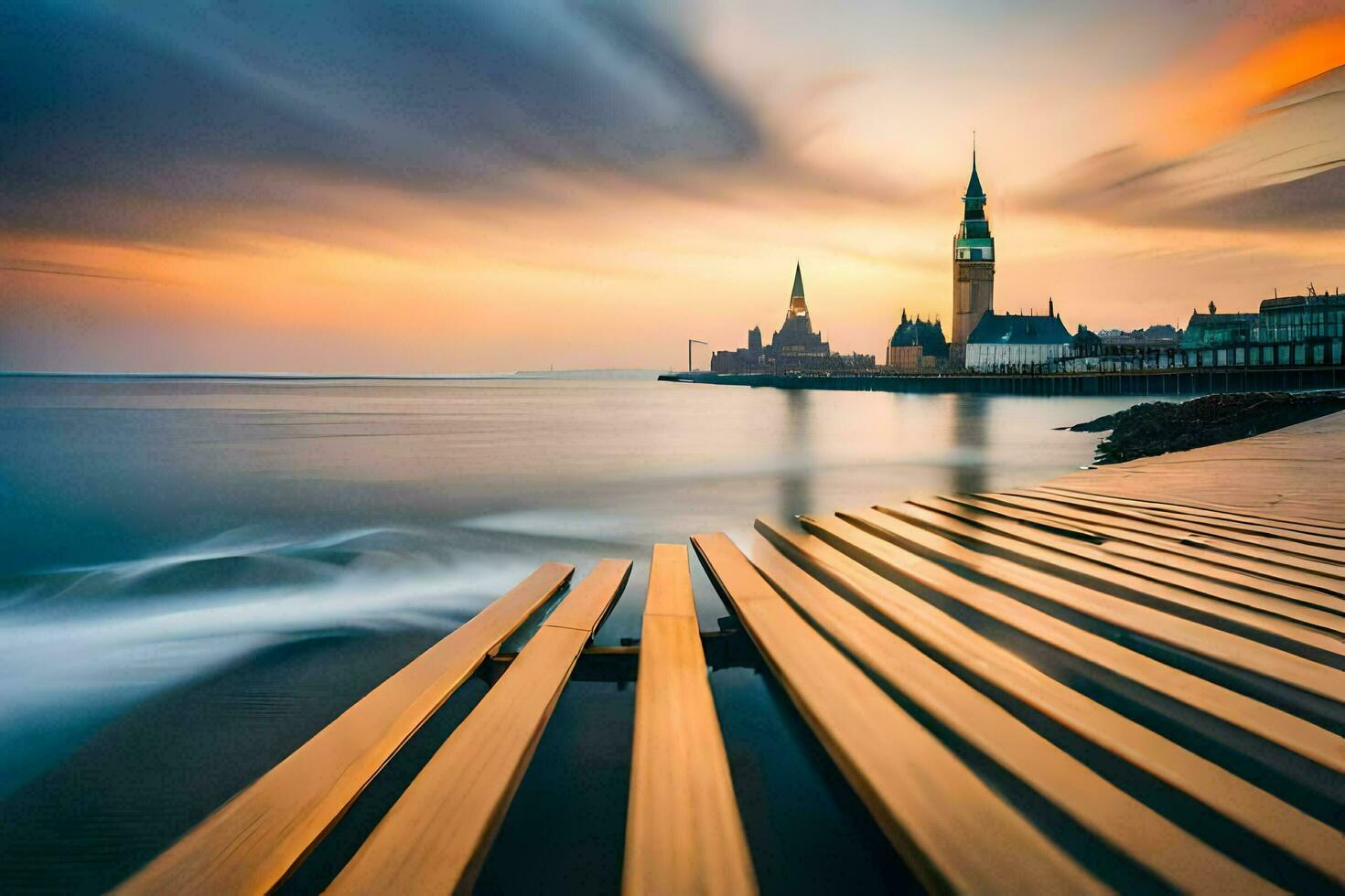 a long exposure photograph of a church tower in the background. AI-Generated photo