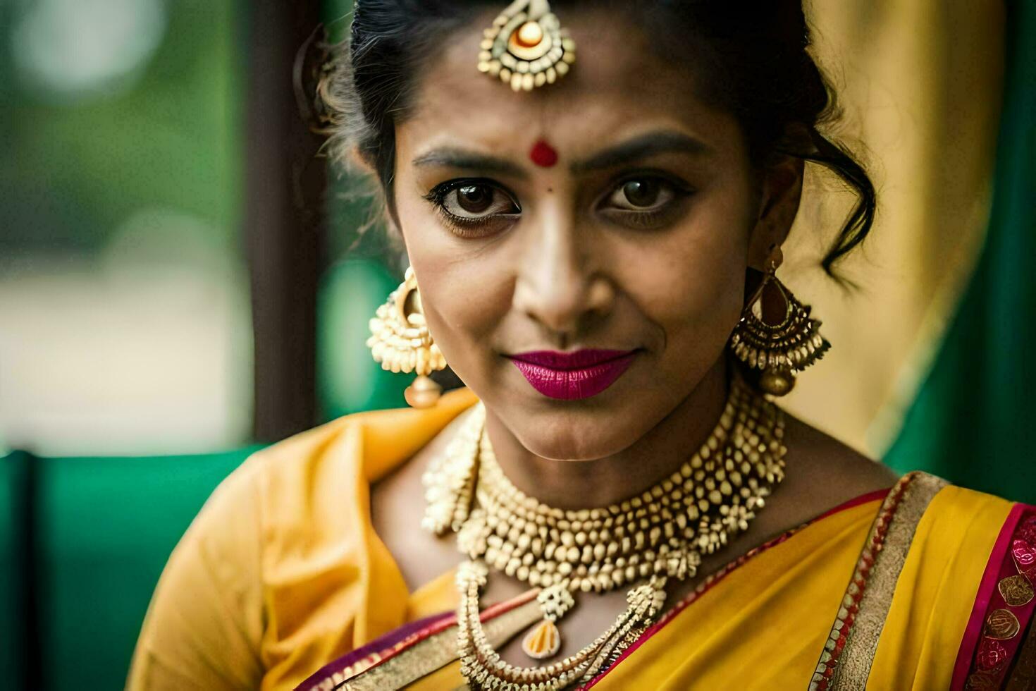 a beautiful indian bride in yellow sari. AI-Generated photo