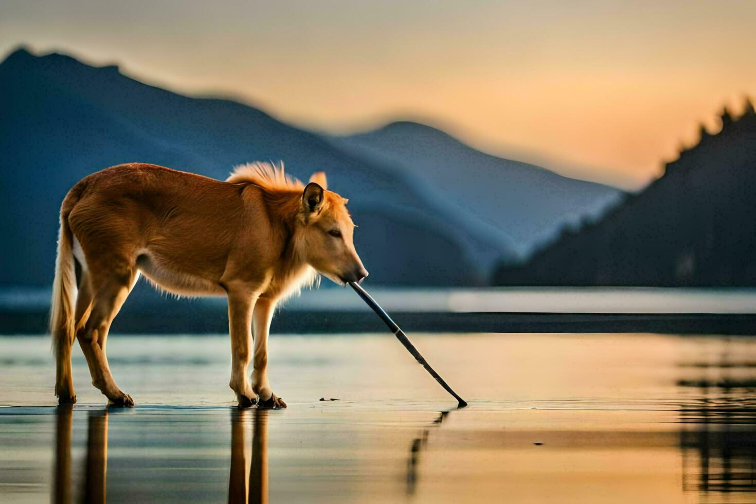 a dog with a stick in its mouth standing in the water. AI-Generated photo