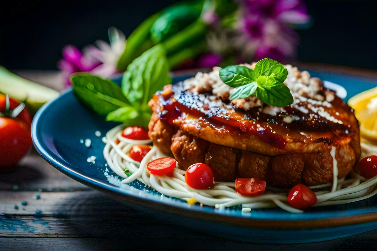 a plate of food with spaghetti and tomatoes. AI-Generated photo