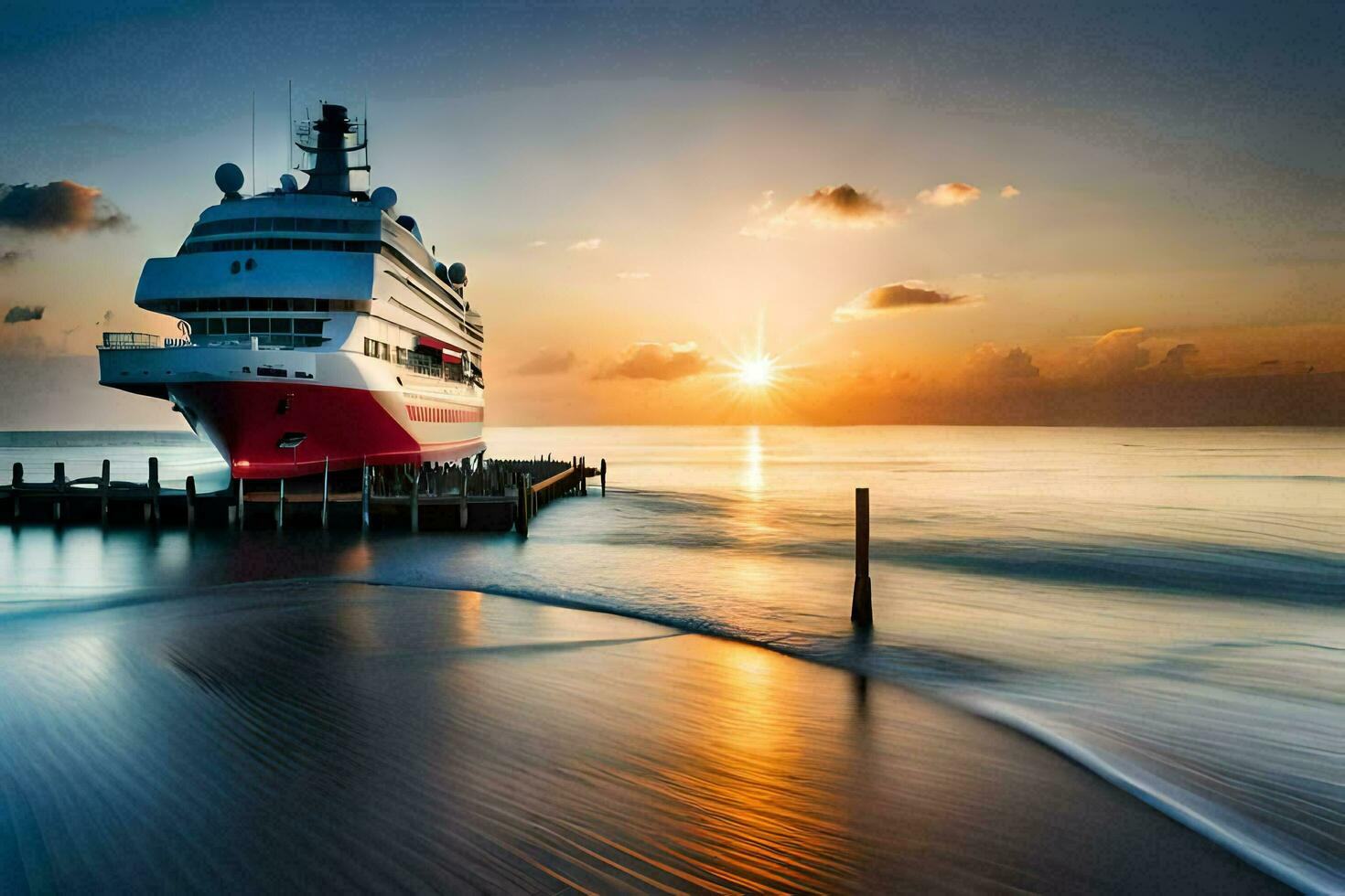 un crucero Embarcacion atracado a el playa a puesta de sol. generado por ai foto