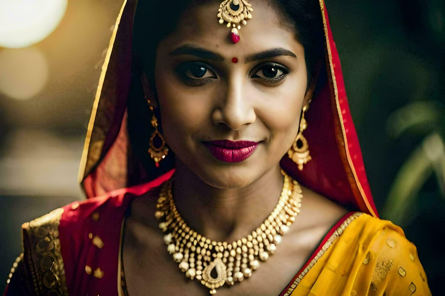 a beautiful indian woman wearing a traditional bridal outfit. AI-Generated photo