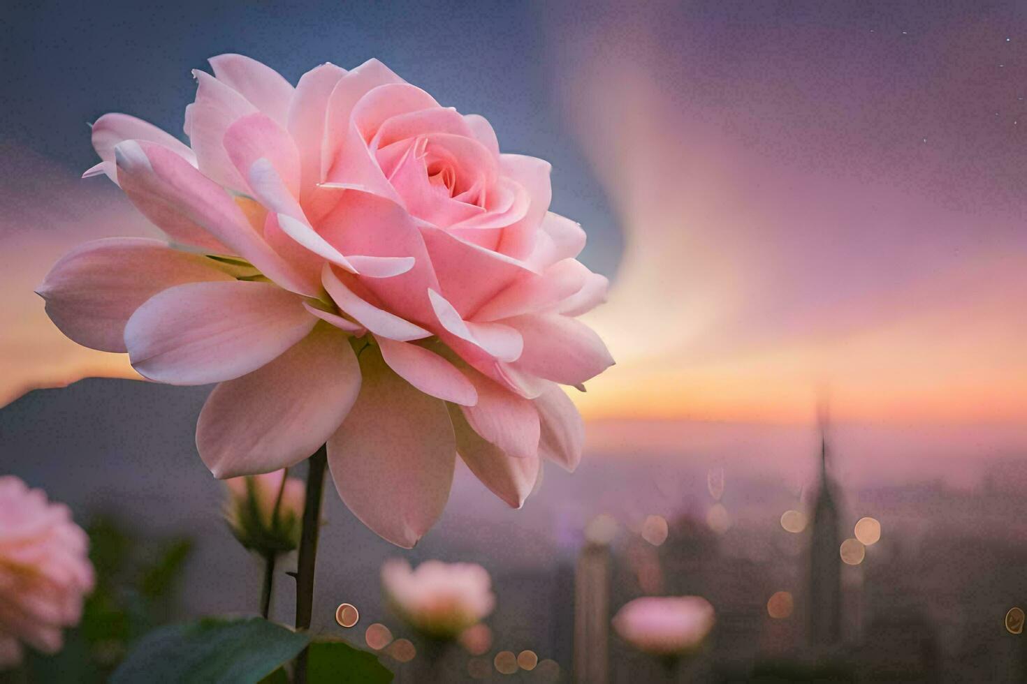 the pink rose is in front of the city at sunset. AI-Generated photo