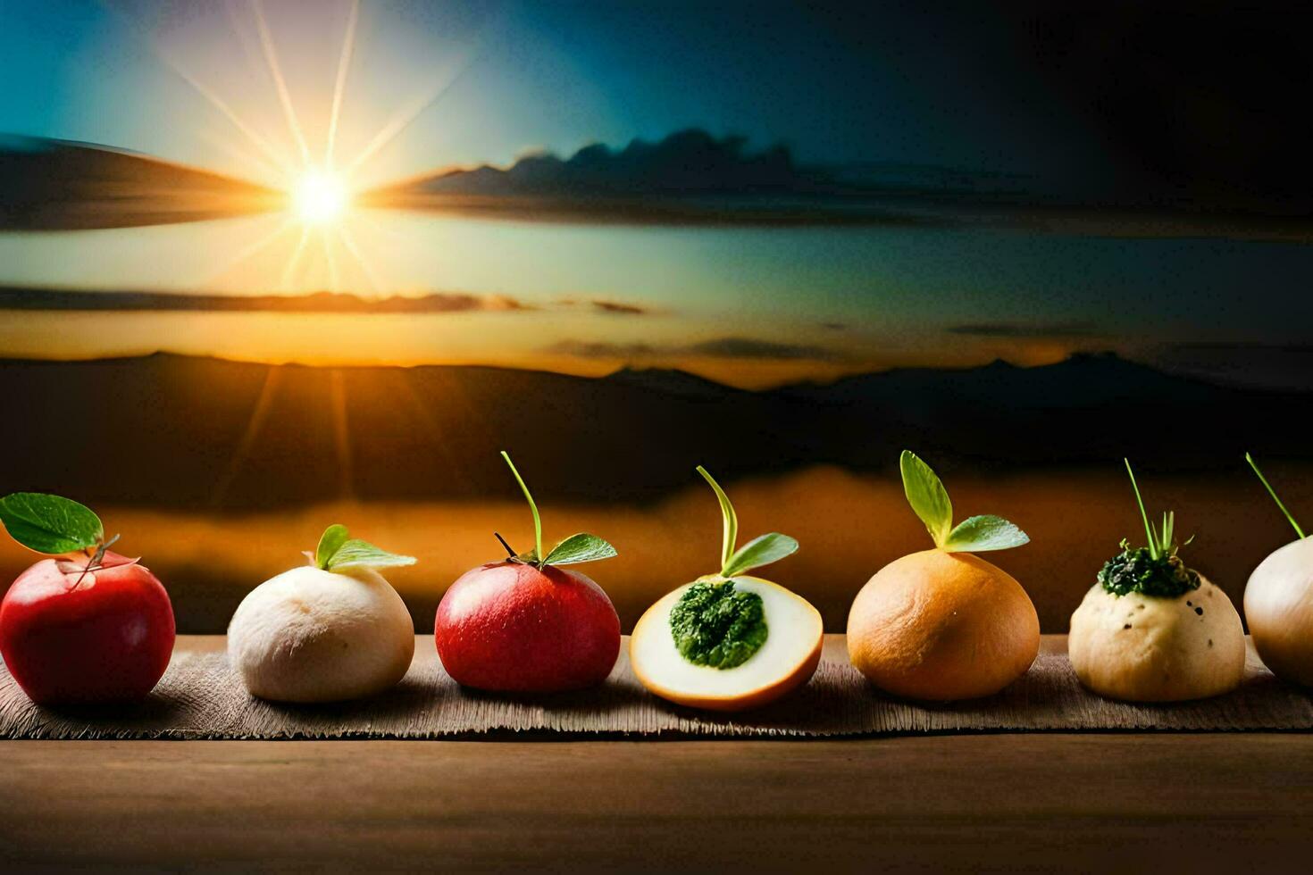 a line of fruits and vegetables in front of the sun. AI-Generated photo