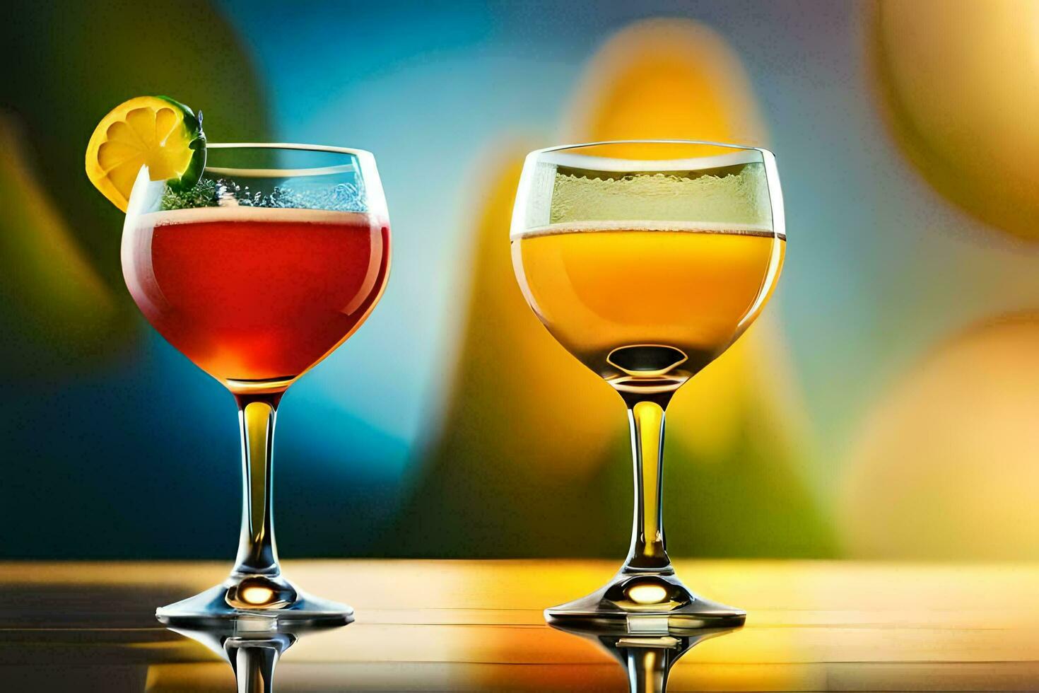 two glasses of different colored drinks on a table. AI-Generated photo