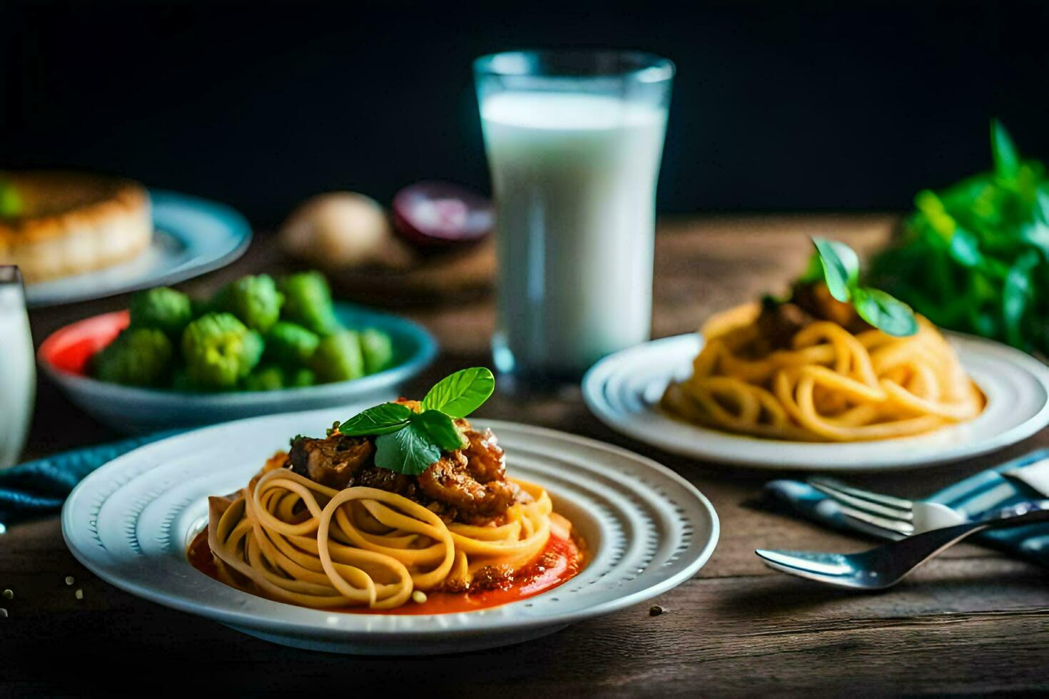spaghetti with meatballs and broccoli on a wooden table. AI-Generated photo