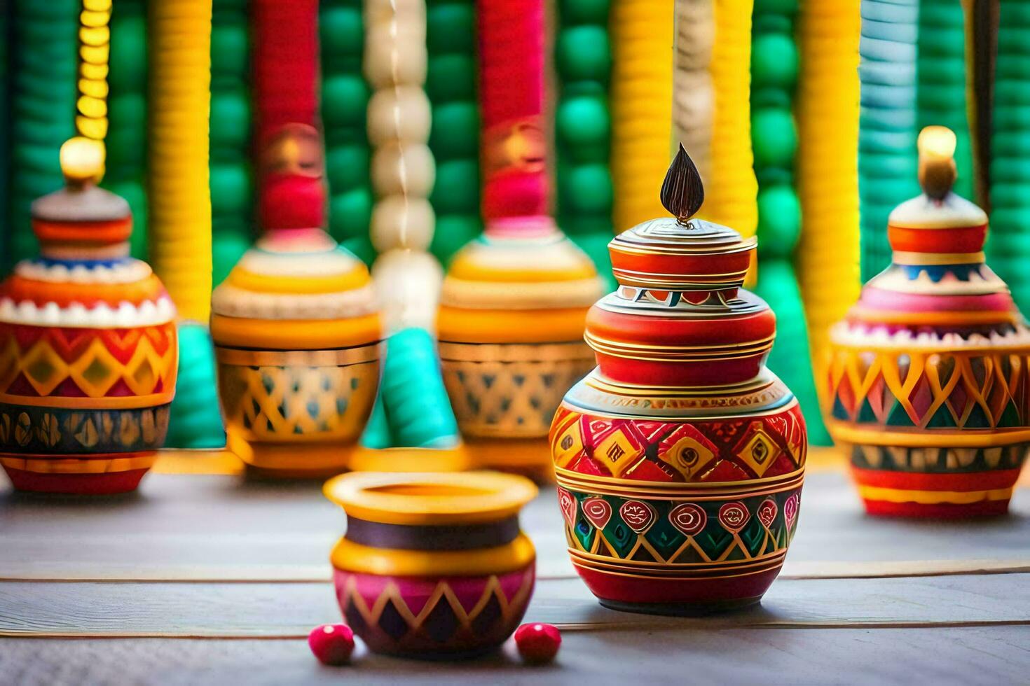 colorful wooden vases with candles on a table. AI-Generated photo