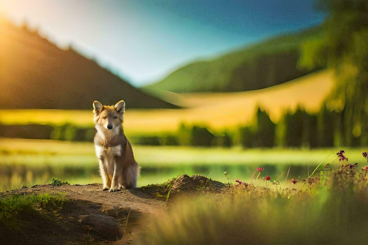 photo wallpaper the sun, nature, landscape, the forest, the lake, the dog, the. AI-Generated