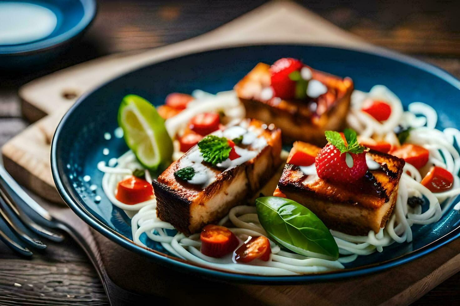 a plate of tofu with noodles and strawberries. AI-Generated photo