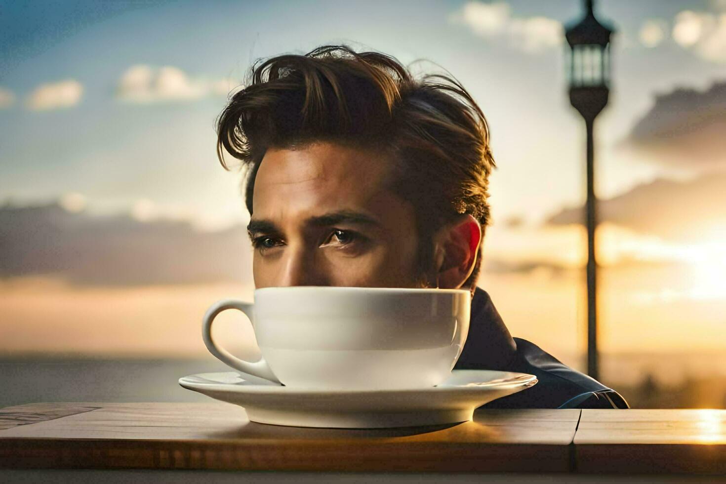 un hombre es mirando a un taza de café. generado por ai foto