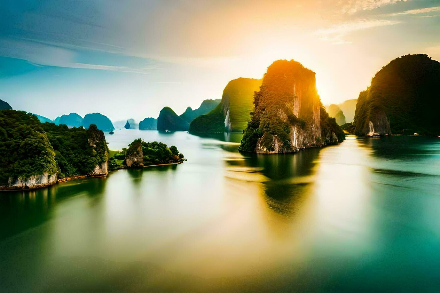 the sun rises over the water in halong bay, vietnam. AI-Generated photo