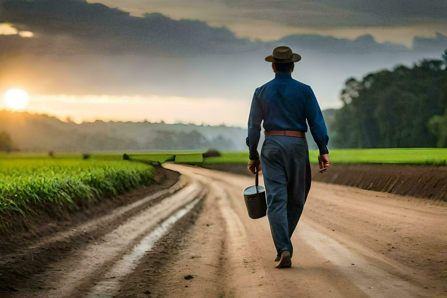 un hombre en un sombrero y azul camisa caminando abajo un suciedad la carretera. generado por ai foto