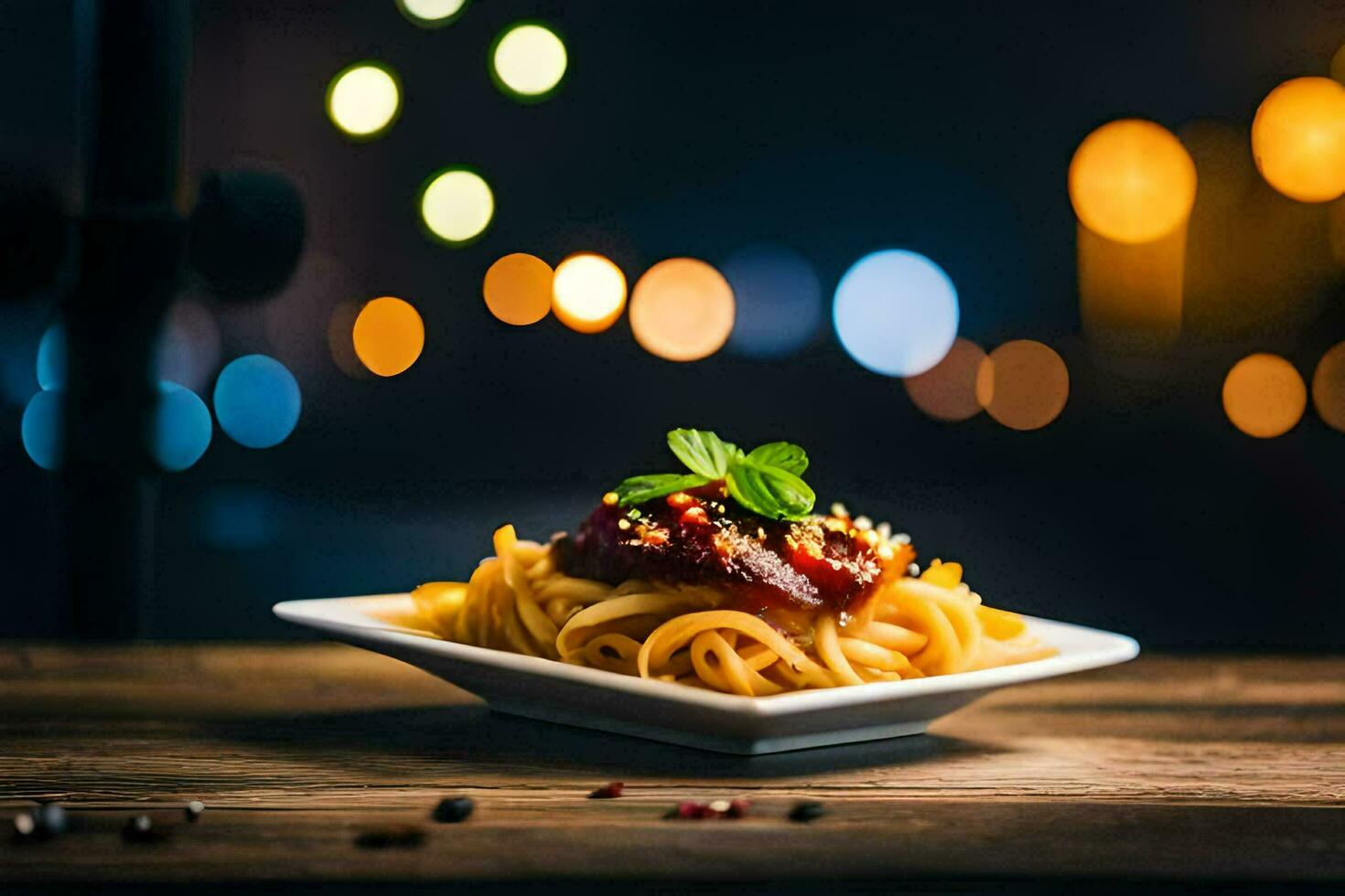 a plate of spaghetti with sauce and herbs on a wooden table. AI-Generated photo