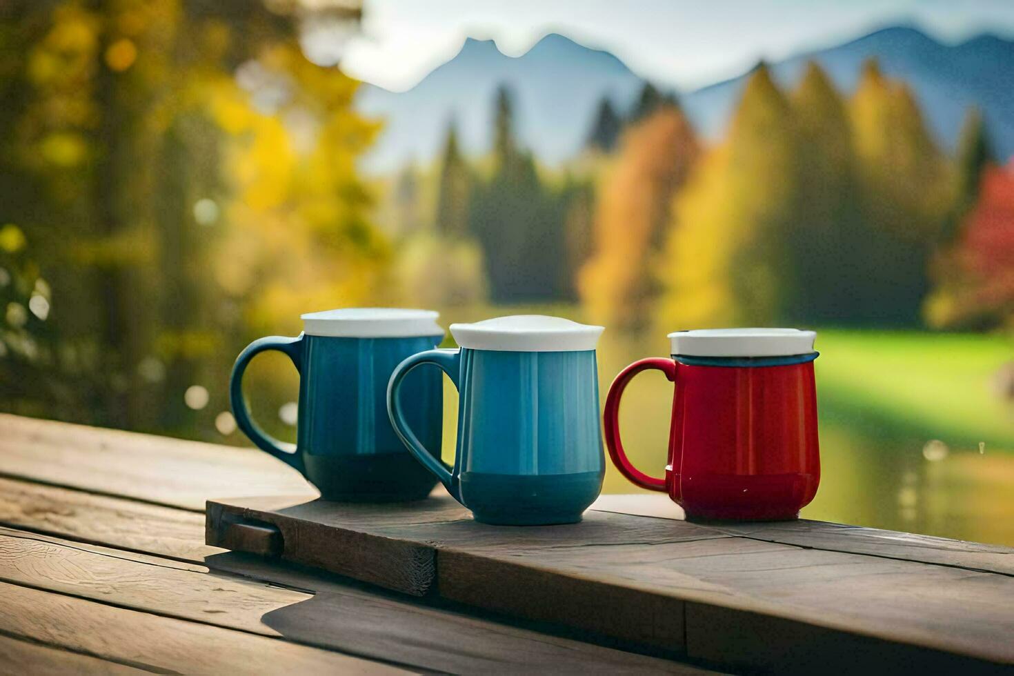 three coffee mugs on a wooden table in front of a lake. AI-Generated photo