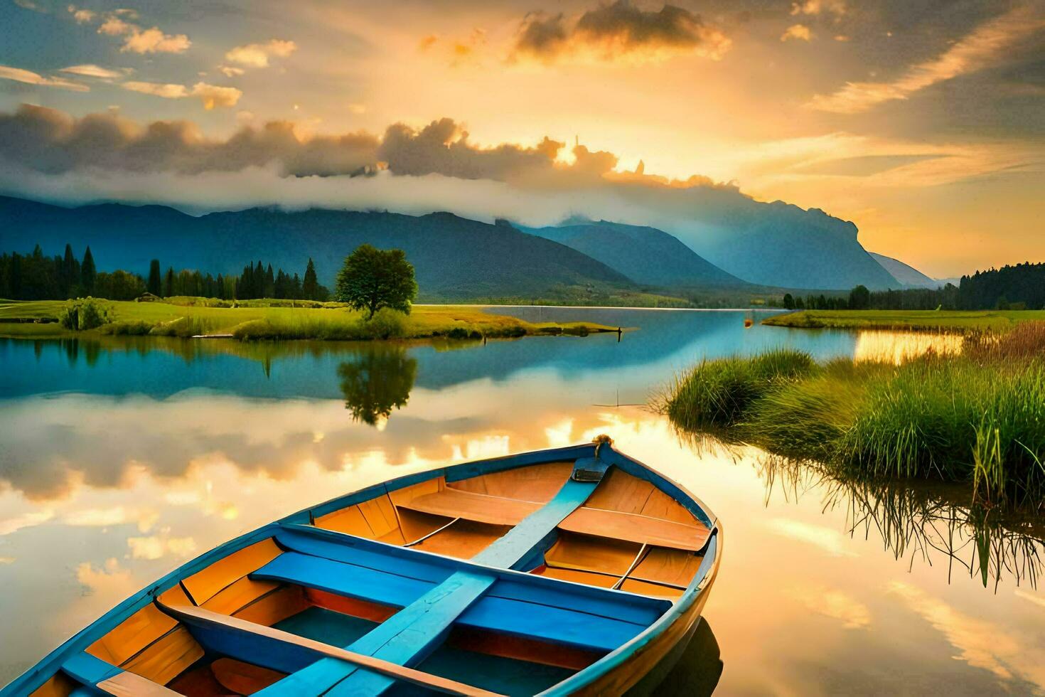 the boat is floating on the calm lake. AI-Generated photo
