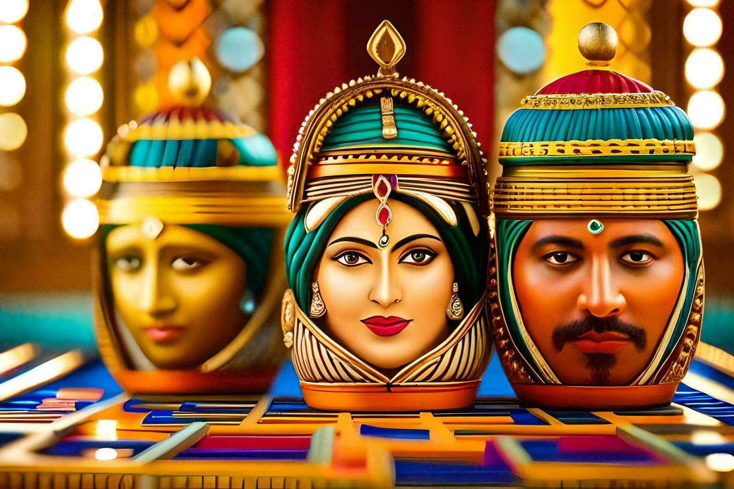 three colorful dolls with faces painted on them. AI-Generated photo