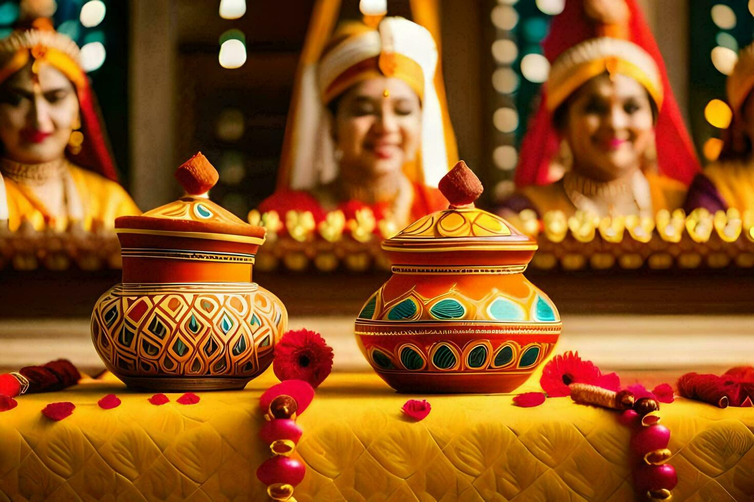 indian wedding decorations with colorful pots and vases. AI-Generated photo
