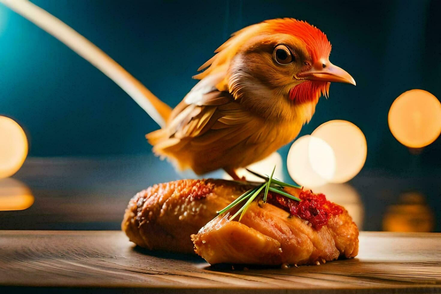 a bird on a piece of meat with lights in the background. AI-Generated photo
