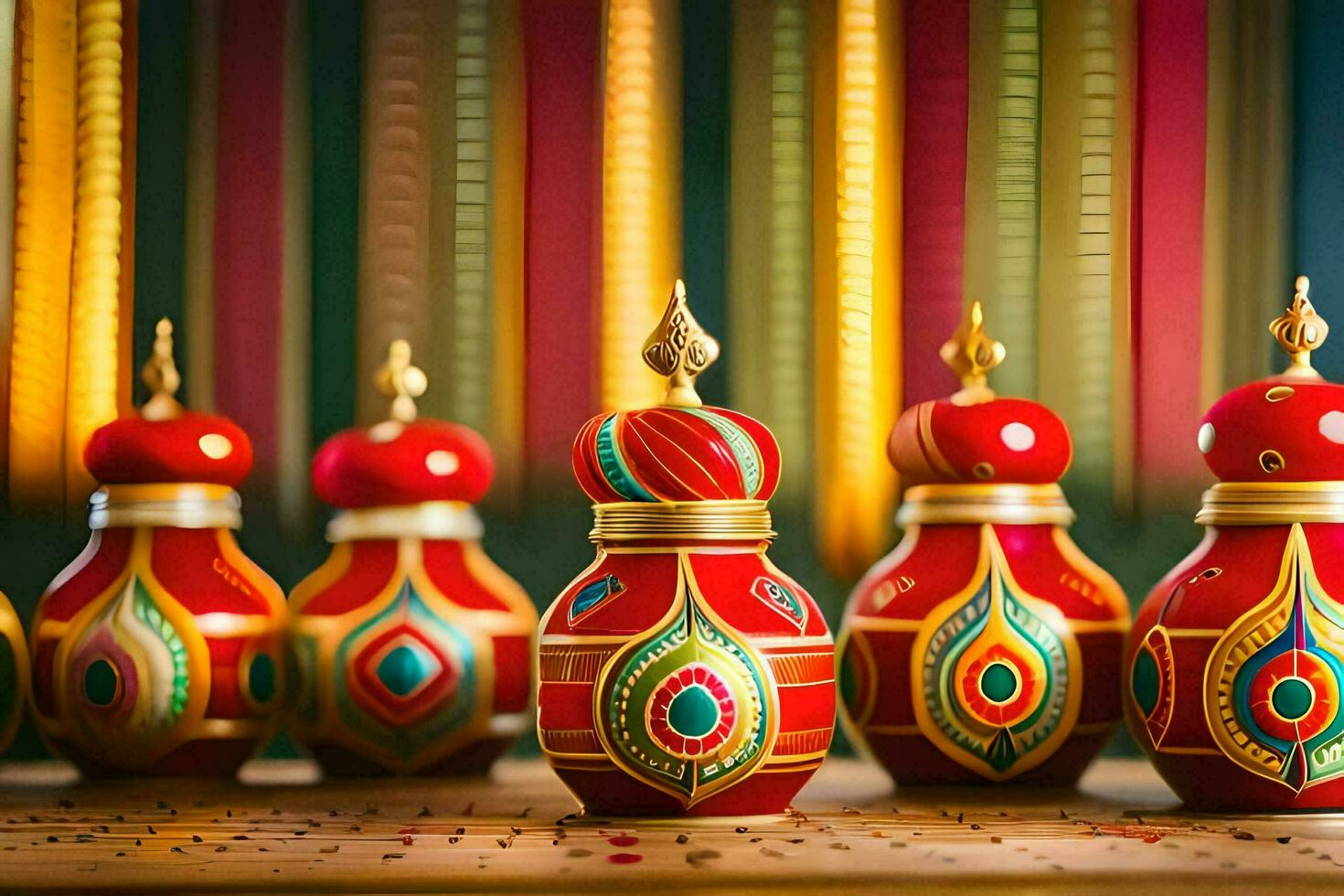 a row of colorful vases with decorative designs. AI-Generated photo