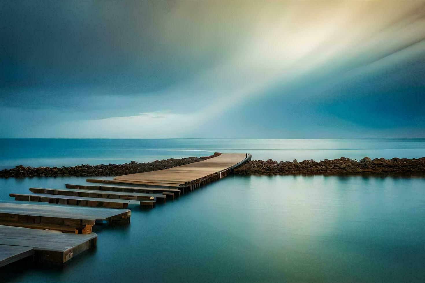 a pier in the ocean with a storm coming in. AI-Generated photo