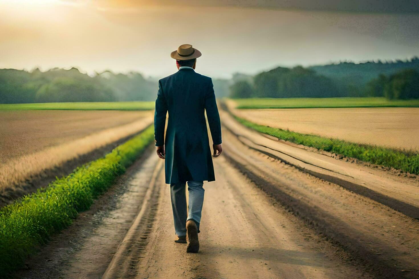 a man in a suit and hat walks down a dirt road. AI-Generated photo