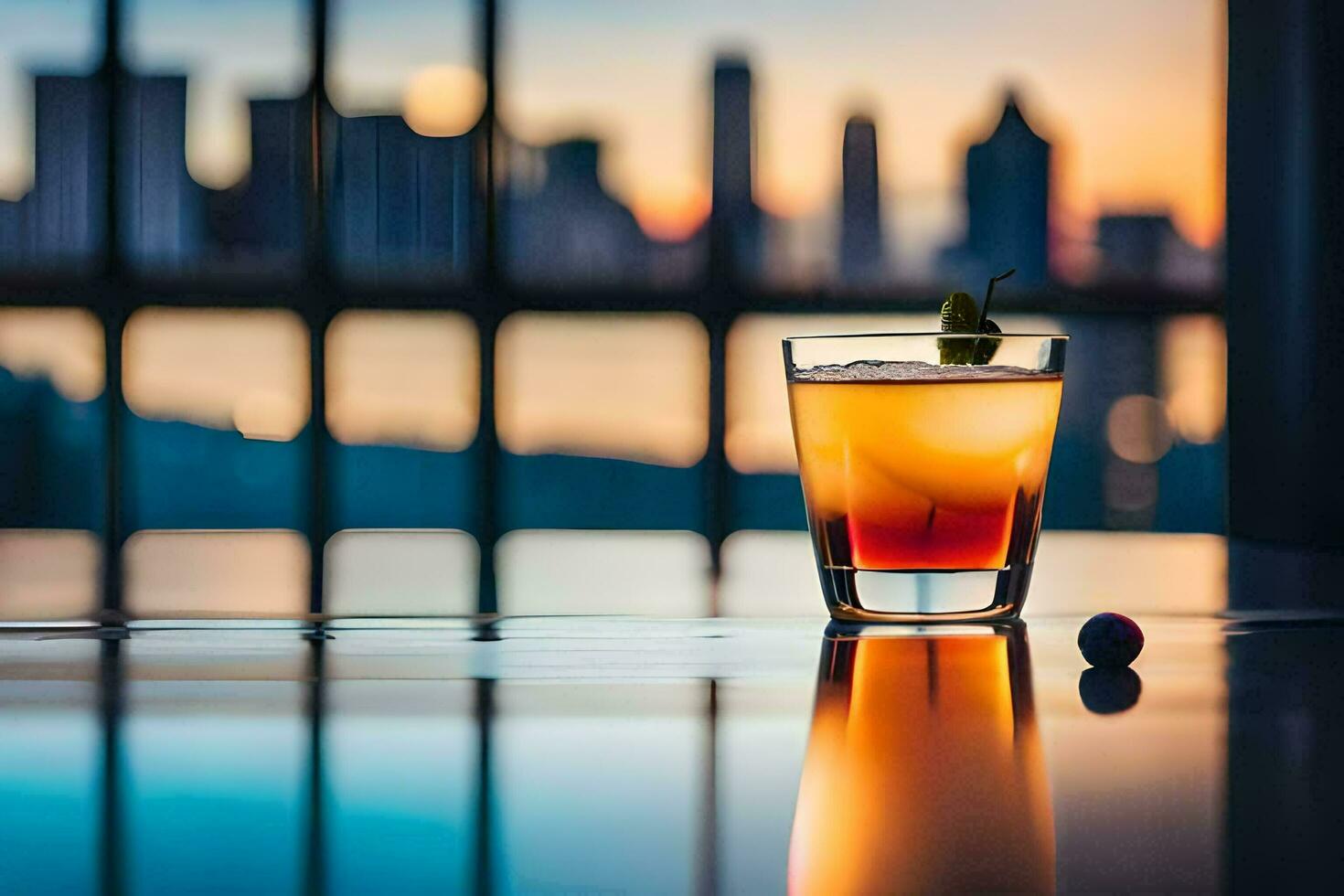 a glass of drink on a table with a city skyline in the background. AI-Generated photo