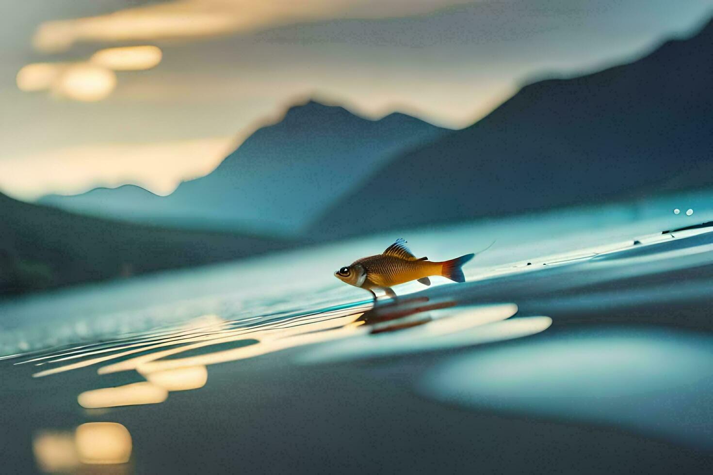 a small fish is standing on the water in front of mountains. AI-Generated photo