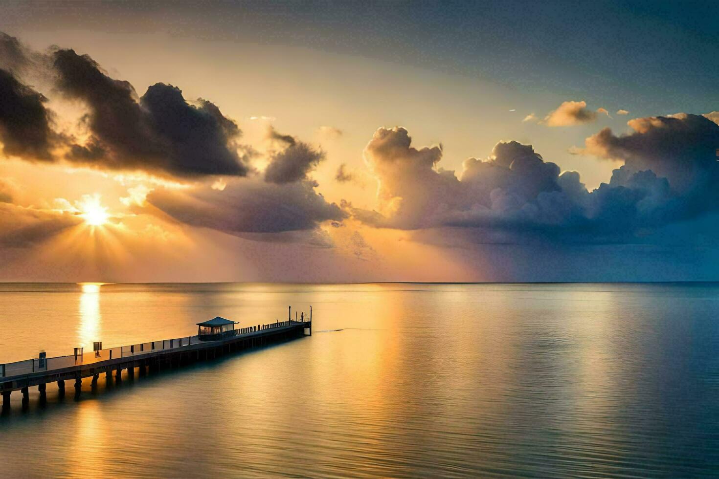 a pier with the sun setting over the water. AI-Generated photo