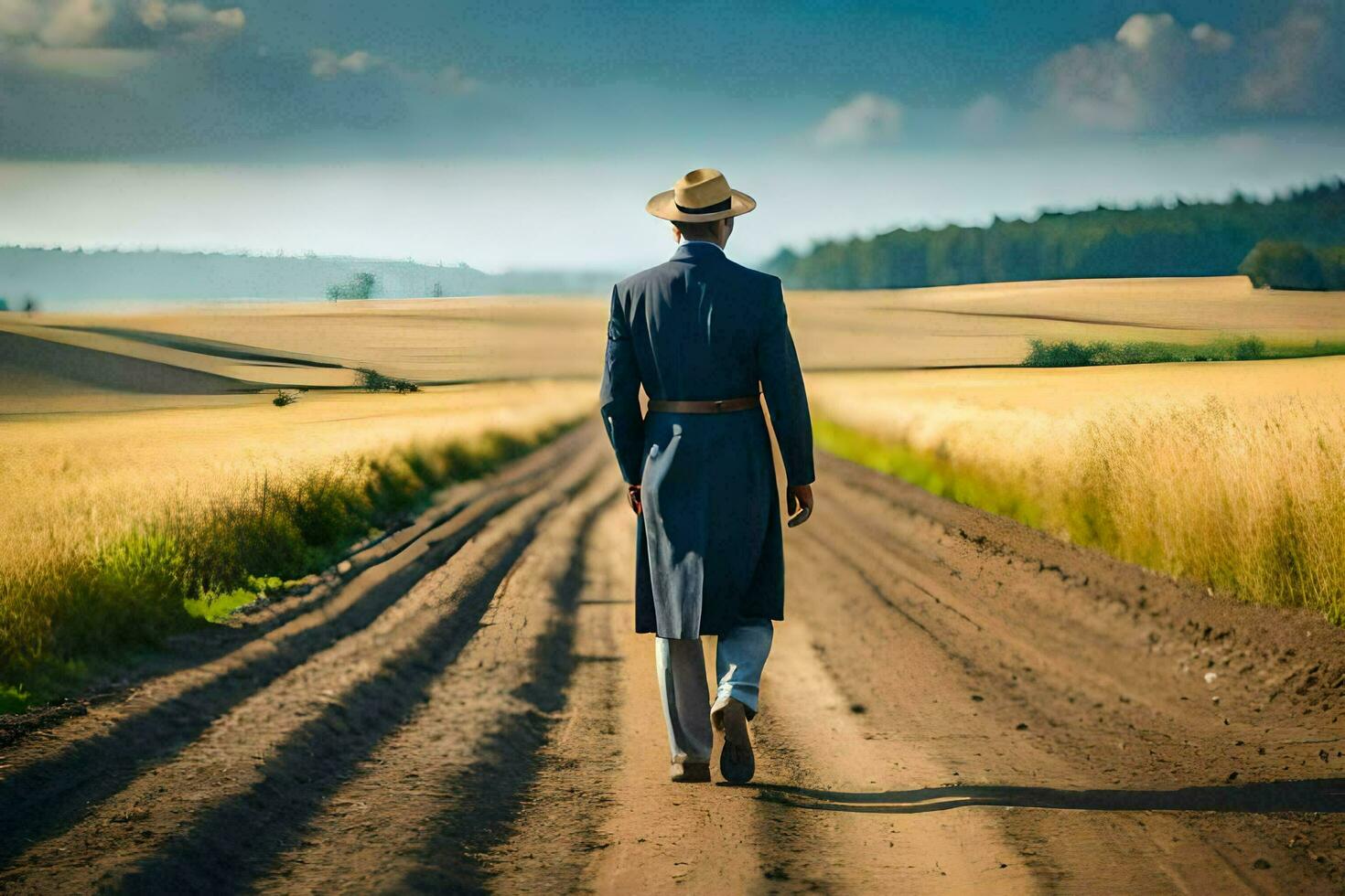 a man in a hat and coat walking down a dirt road. AI-Generated photo