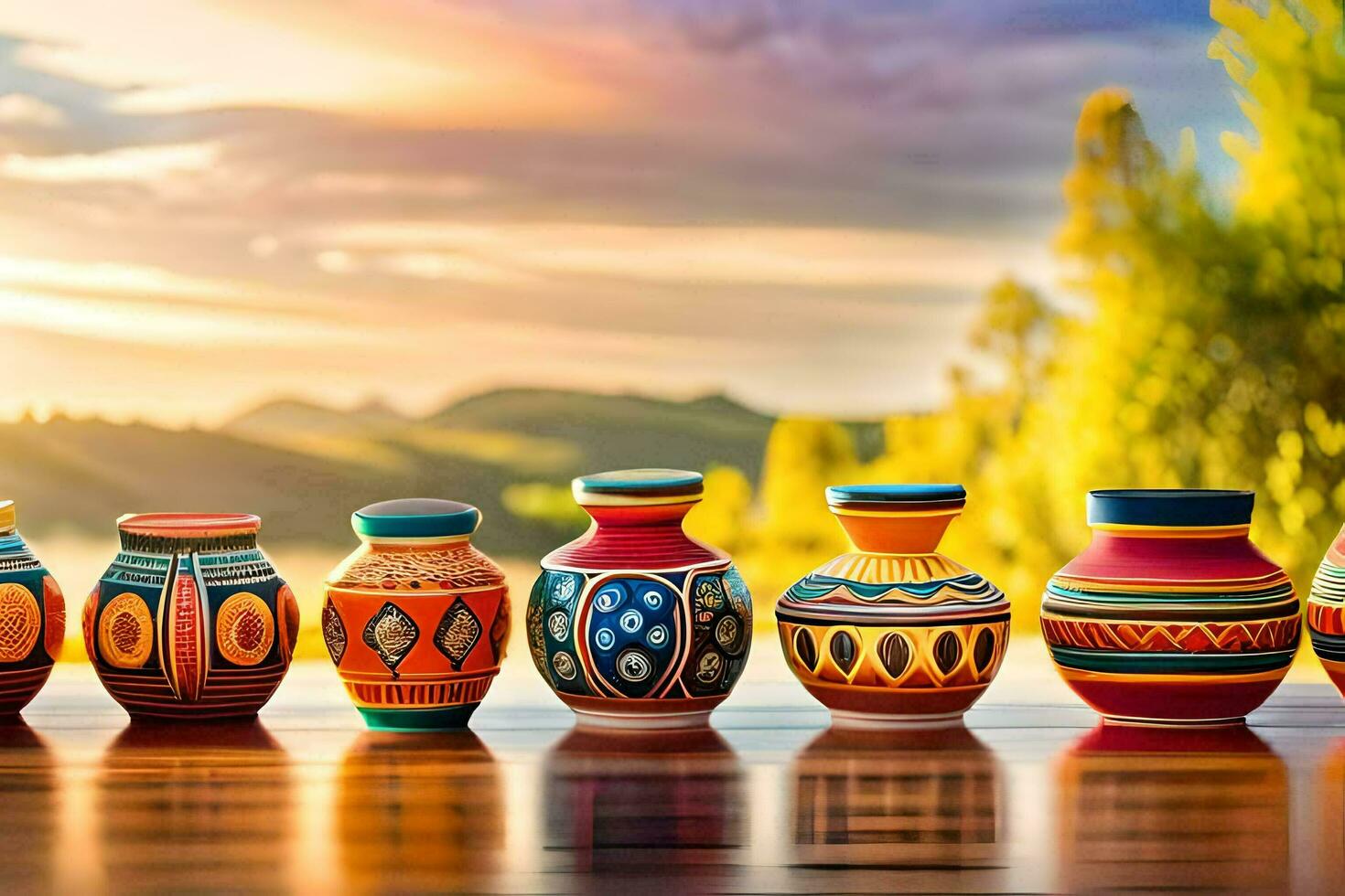 colorful vases lined up on a table. AI-Generated photo