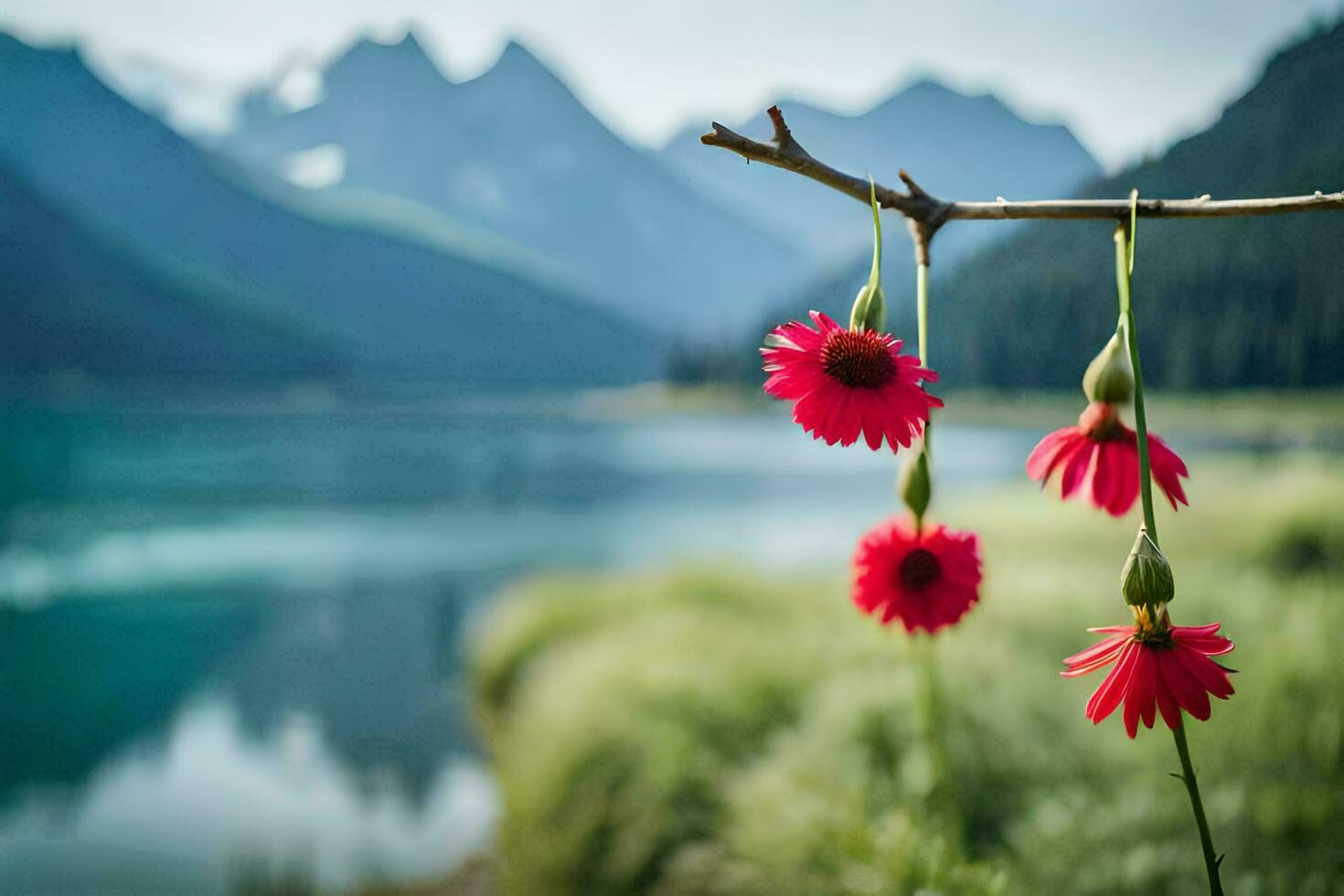 red flowers hanging from a branch near a lake. AI-Generated photo
