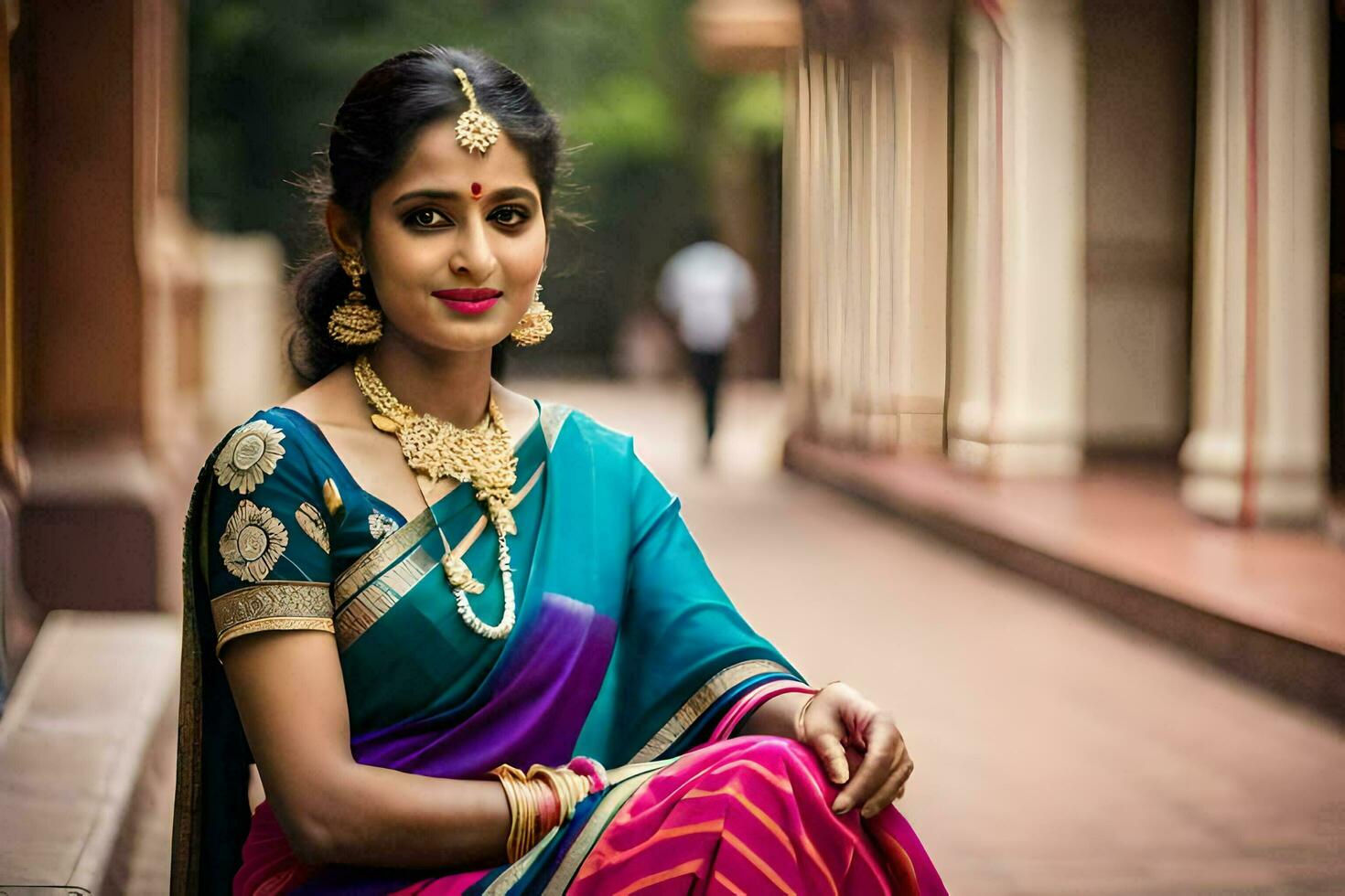a beautiful indian woman in a colorful sari. AI-Generated photo