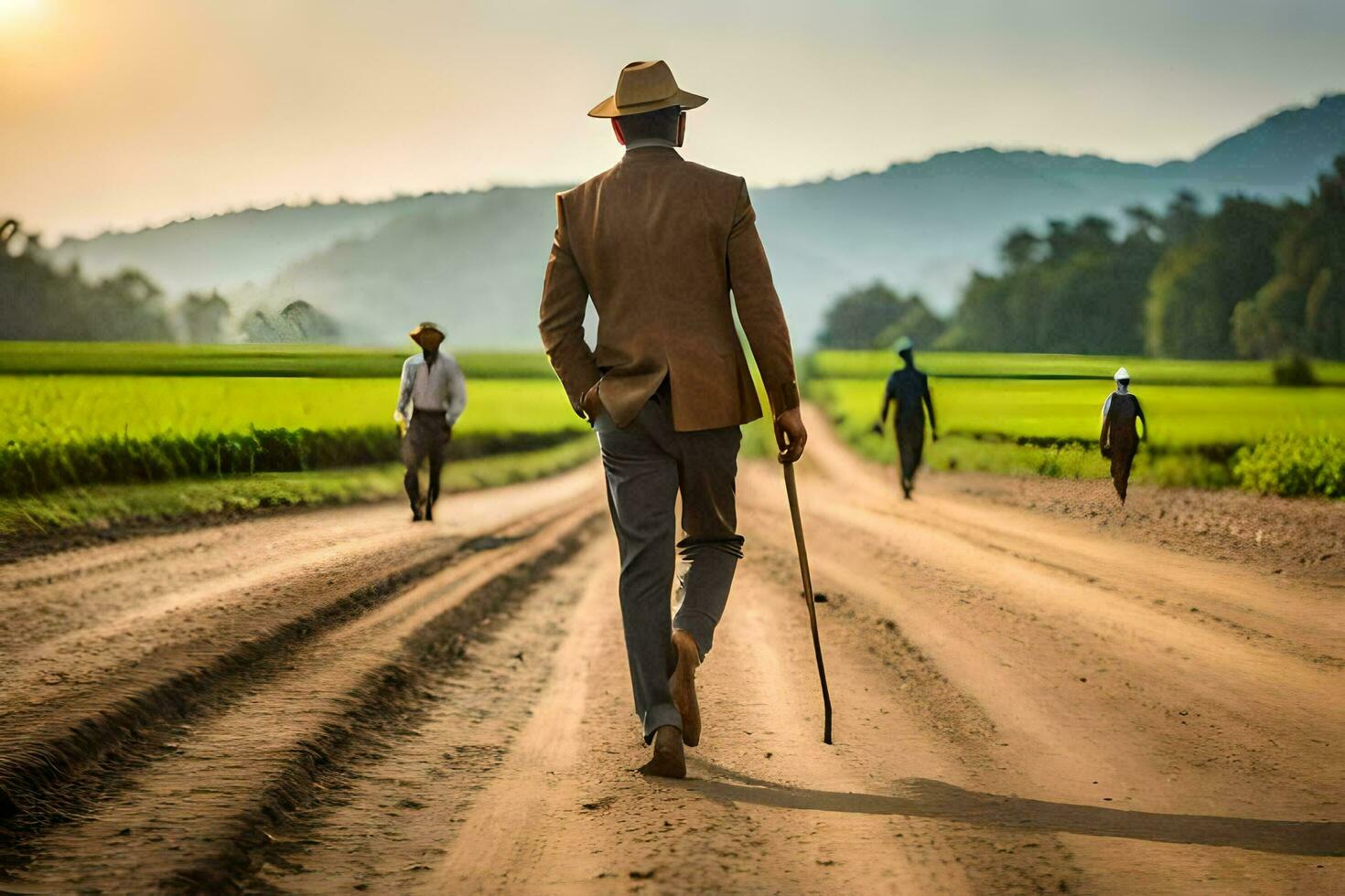 a man walking down a dirt road with cane. AI-Generated photo